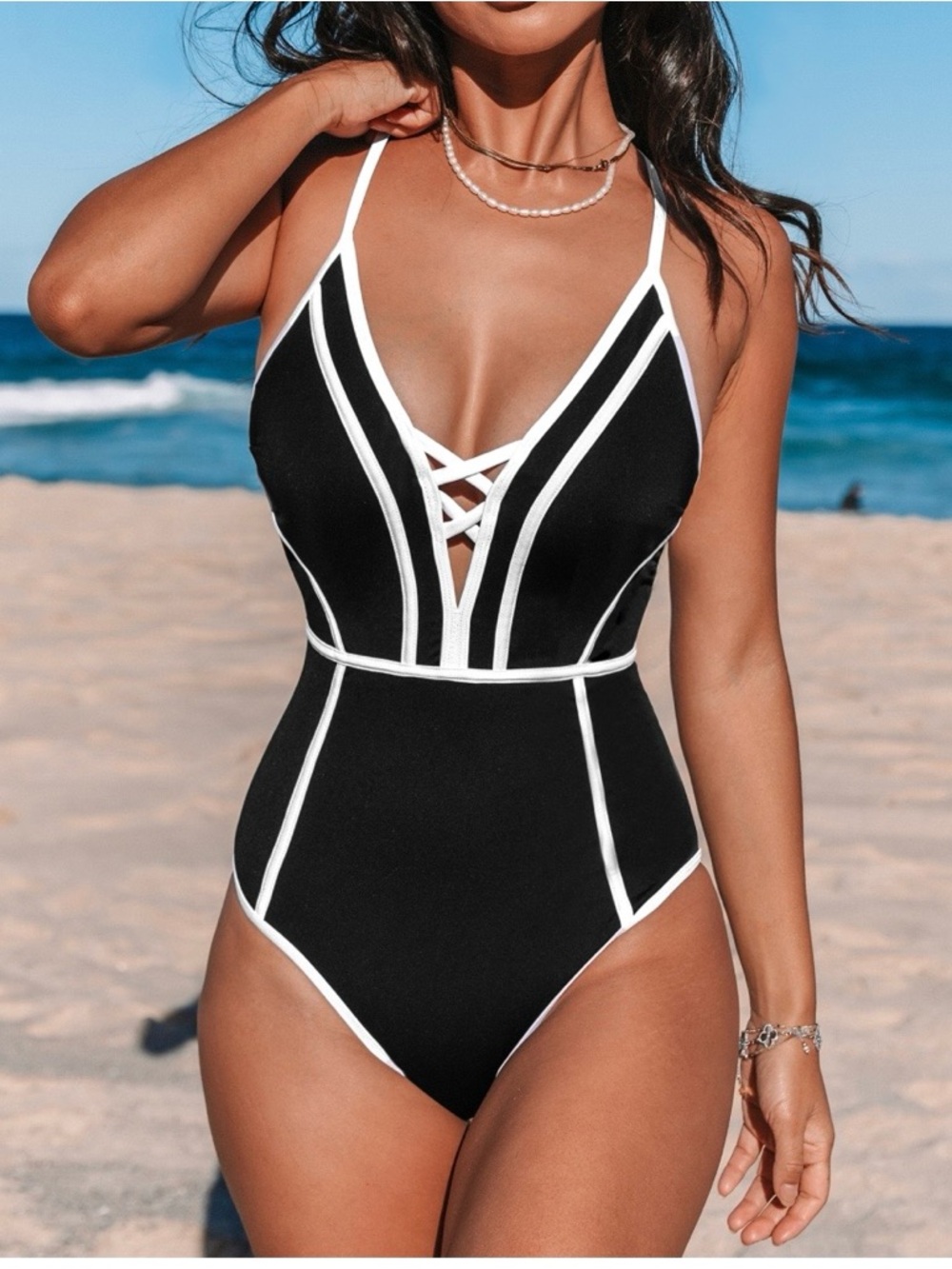 Cupshe Black One-Piece Swimsuit with White Trim